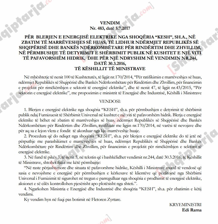 vendimi per blerjen e energjise elektrike nga qeveria