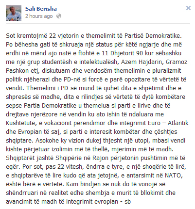 sali berisha facebook 22 vjetori themelimi pd