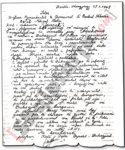 Letra e Kolë Prelës dërguar Mehmet Shehut me logo