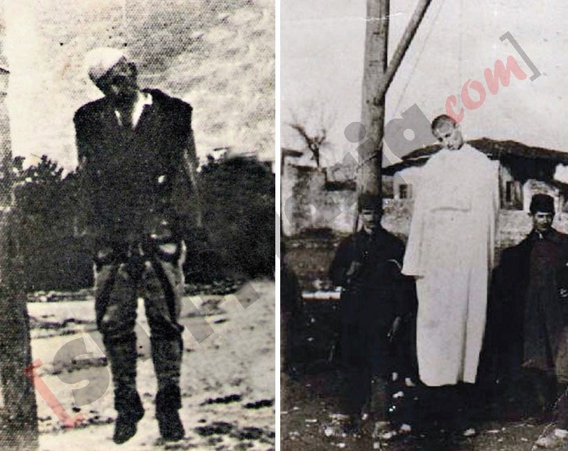 Patrioti Gjellosh Rama, djathtas, Kleriku dom Gjergj Gazuli, majtas të varur në litar nga Ahmet Zogu me logo