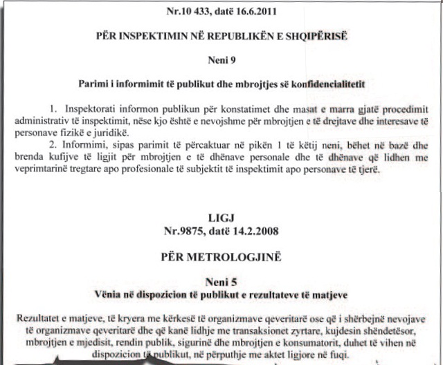 Faksimile e dy ligjeve që detyrojnë informimin e publikut lidhur me shkeljet e të drejtave të konsumatorit