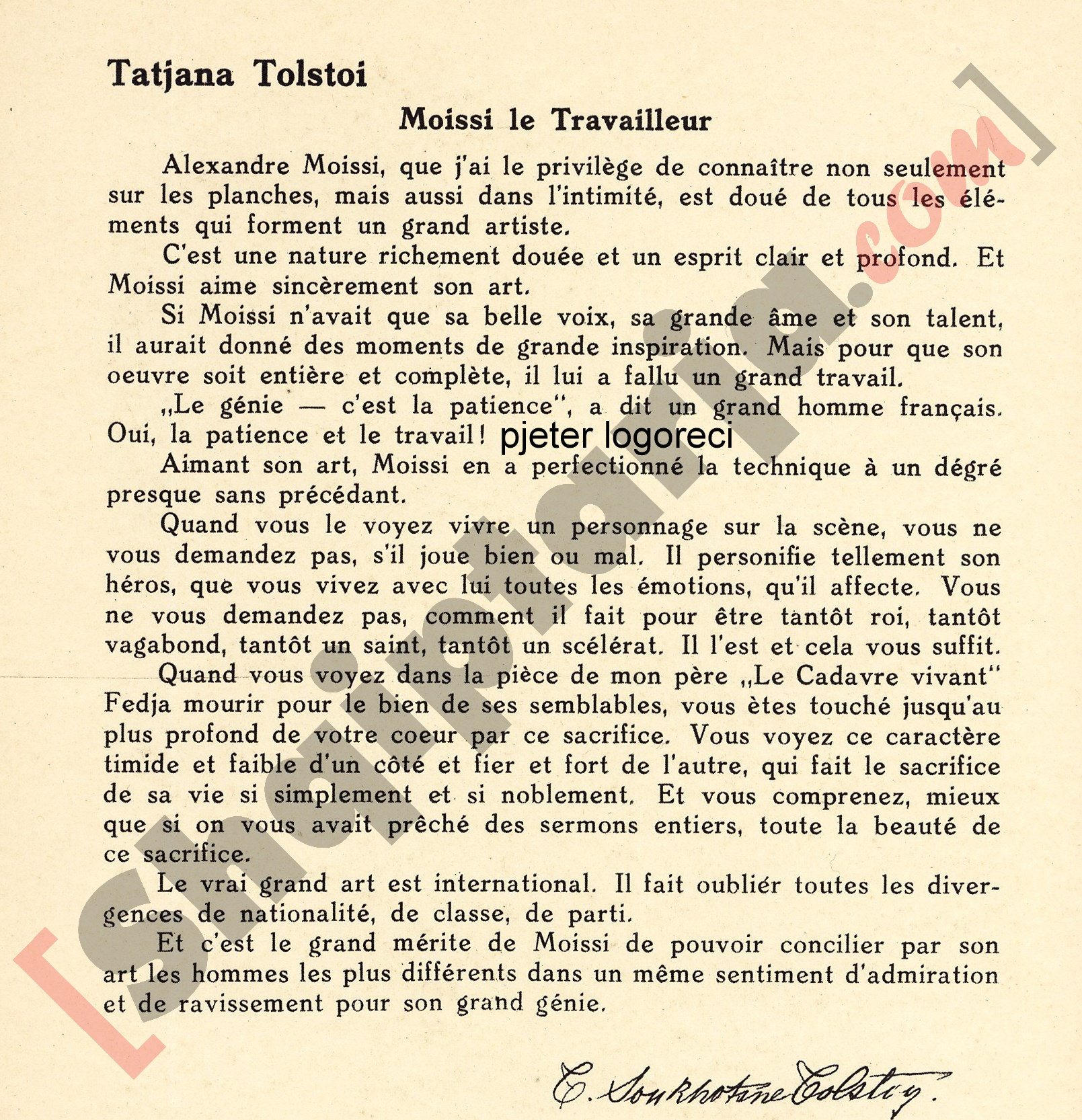 Shkrimi me vlerësimet e Tatiana Tolstoit Për Moisiun me logo