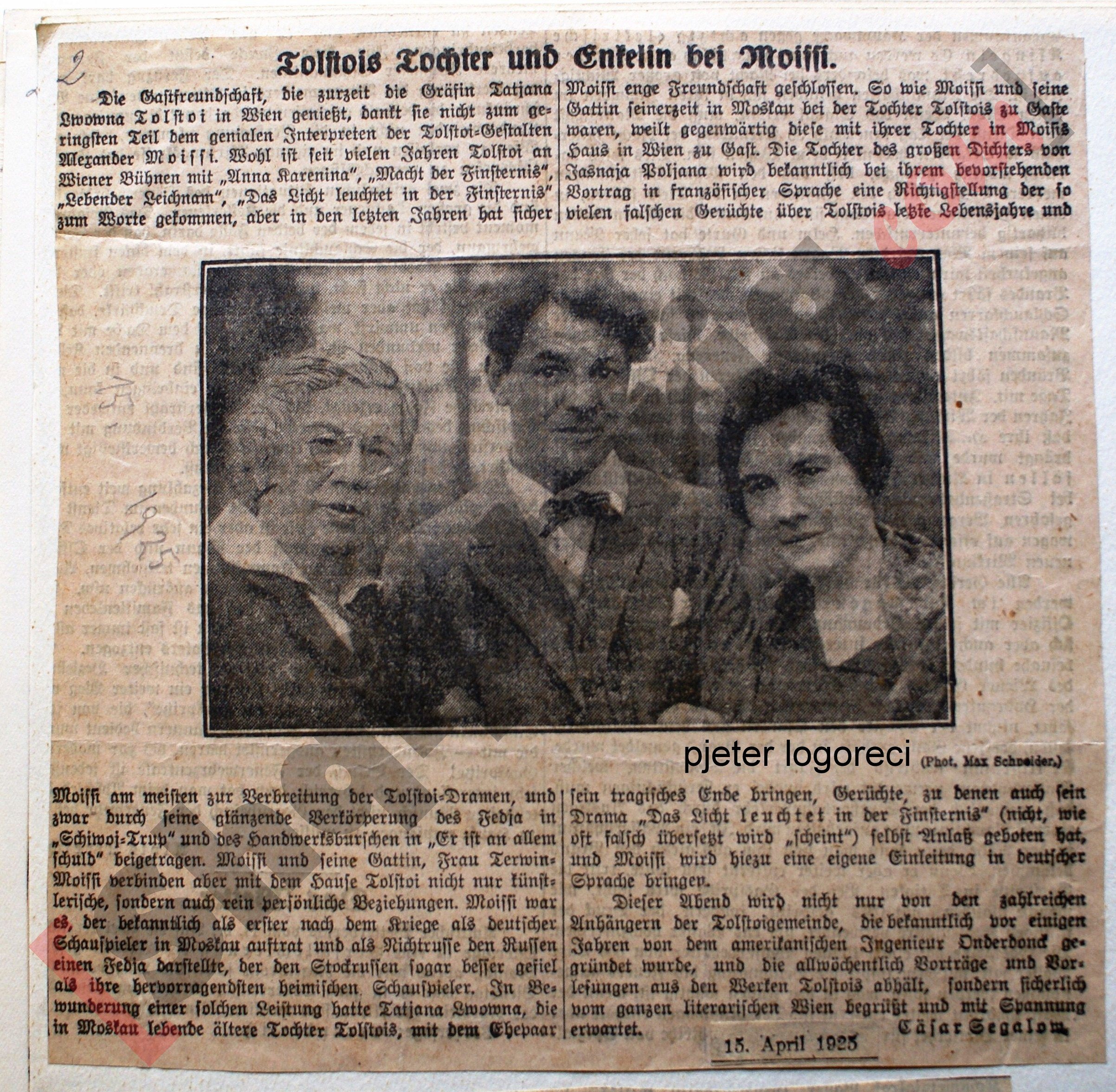 Një pjesë nga shtypi VJenez për vizitën e familjes së Tolstoit në Vjenë 1925 në foto moisiu me Vajzën dhe mbesën e Tolstoit me logo