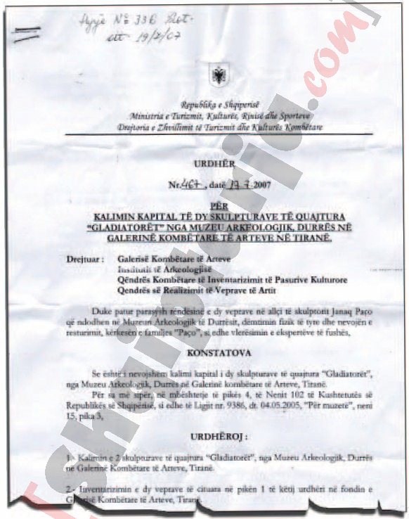 Faksimile e Urdhërit të pazbatuar që gjendet në Ministrinë e Kulturës, lëshuar nga ish-ministri Ylli Pango më 2007-ën për inventarizimin e Dy Gladiatorëve me logo