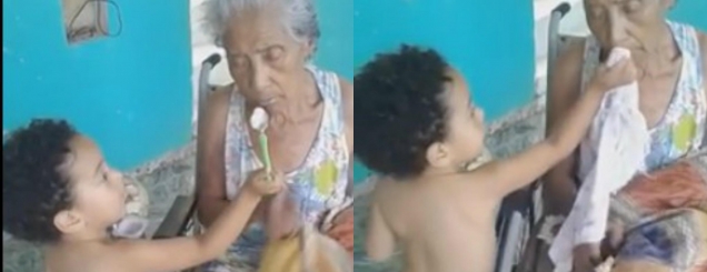 Video që të prek thellë në shpirt<br />vogëlushi ushqen gjyshen e sëmurë