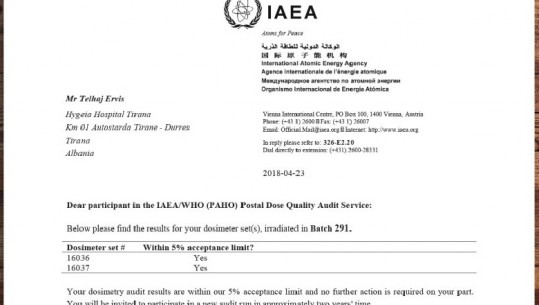 Agjencia Ndërkombëtare e Energjisë Atomike (IAEA) riçertifikon saktësinë e aparaturave për trajtimin e kancerit në spitalin Hygeia