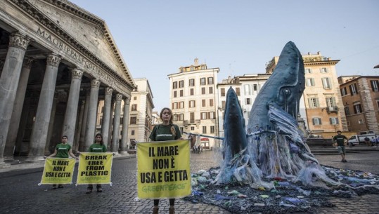Me ‘balena plastike’ para Pantheon-it në Romë, fushata sensibilizuese e Greenpeace: Plastika rrezikon detet dhe gjallesat/FOTO