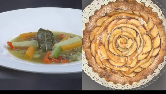 Të gatuajmë me Zonjën Vjollca/ Ëmbëlsirë me sfoliatë e mollë dhe Turli me thjerrëza