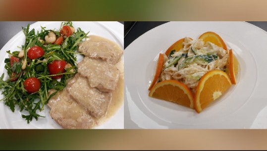 Të gatuajmë me Zonjën Vjollca: Eskallop viçi me sallatë fasulesh dhe Makarona me gjizë e portokall 