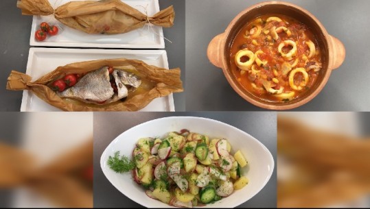 Të gatuajmë me Zonjën Vjollca: Kocë mediterran në letër/ Kallamarë në tigan/ Sallatë me patate