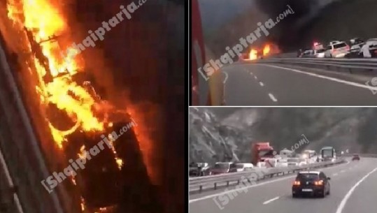 Shpërthen në flakë autobusi në Rrugën e Kombit, shpëtojnë pasagjerët (VIDEO)