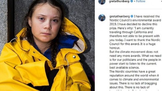 Greta Thunberg  refuzon të pranojë një çmim prej rreth 52 000 dollarë: Lëvizja klimatike ka nevojë për njerëz dhe jo për para