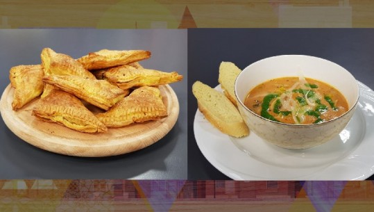 Të gatuajmë me zonjën Vjollca/  Byrek trekëndësh me lakër e djathë dhe  Supë me shije e ngjyrë pice 