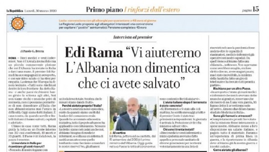  Rama për La Repubblica: Do ju ndihmojmë, ne nuk harrojmë që na keni shpëtuar