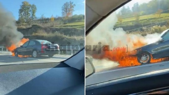 Dyshohet për defekt teknik, digjet një makinë në autostradën Tiranë-Elbasan (VIDEO)