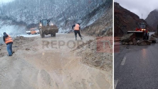 Reshje dëbore në Kukës, rrëshqitje dherash në disa akse rrugore, gurët bllokojnë rrugën në Urën e Zapodit (VIDEO)