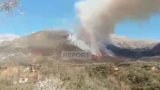 Zjarr i madh në kodrën në krah të qytetit të Delvinës, nuk dihen shkaqet (VIDEO)