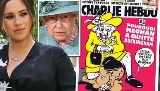 Karikatura satirike e 'Charlie Hebdo' sjell lumë kritikash, portretizon mbretëreshën Elisabeth me këmbën te qafa e Meghan, njësoj si George Floyd