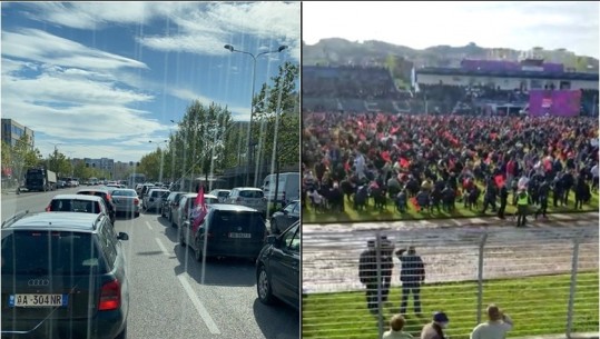 Fotot+Video/ Rama miting përmbyllës në Durrës, stadiumi ‘Niko Dovana’ tejmbushet nga mbështetësit, trafik i rënduar në Sukth 