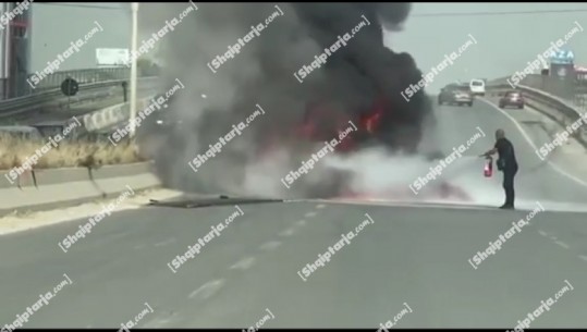 VIDEO/ Tymi mbulon autostradën Tiranë-Durrës, merr flakë makina! Shpëton pa lëndime drejtuesja 33-vjeçe
