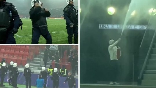 Dhunë në ndeshjen Tirana- Vllaznia, VIDEO nga momenti kur tifozët marrin fikëset e zjarrit, sulmojnë njëri-tjetrin në Air Albania, ndërhynë FNSH! FSHF dështon para syve të UEFA-s