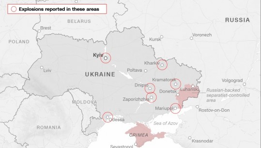 Zonat ku Rusia po sulmon Ukrainën, ja qytetet ku janë dëgjuar shpërthimet