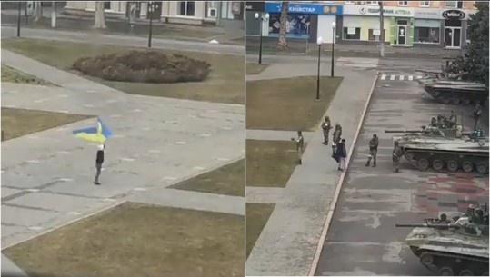 I vetëm dhe me flamurin në duar, ukrainasi i del përballë mjeteve të blinduara ruse (VIDEO)