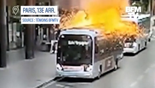 VIDEO/ Autobusi elektrik shpërthen në flakë në Paris