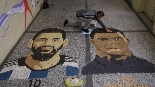 VIDEO/ Vetëm duke përdorur drithëra, artisti shqiptar i rekordeve krijon portretet e futbollistëve Messi dhe Mbappe