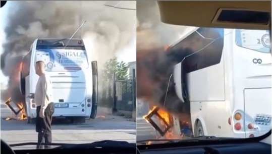 Shkrumbimi i autobusit në Lushnjë, këto janë pamjet e momentit kur mjeti shpërthen në flakë në mes të rrugës