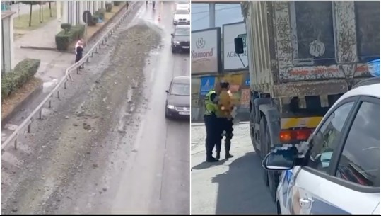 Vorë/ Kamioni 'mbulon' me zhavorr rrugën gjatë ecjes, inertet e derdhura burim aksidentesh në zonë! Gjobitet shoferi  (VIDEO)