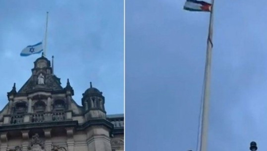 VIDEO/ Në Britani, një burrë heq flamurin izraelit nga bashkia dhe tenton të vendosë atë palestinez