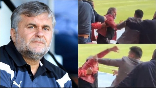 VIDEO/ Skandal në Korçë, goditet me grusht në stadium presidenti i Skënderbeut Ardian Takaj dhe i biri