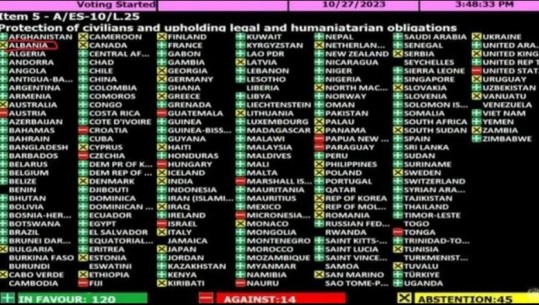 Asambleja e Përgjithshme e OKB-së voton 'pro' armëpushimit të menjëhershëm në Gaza, Shqipëria abstenon ndaj rezolutës