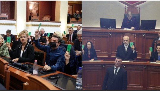 FOTOT/ Braçe me maskë, Balla i buzëqeshur, si reagoi Rama kur ngriti kartonin ‘pro’ për arrestimin e Berishës