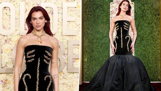 FOTOT/ Me fustan të zi prej kocka ari e diamanti, Dua Lipa shkëlqen në Golden Globes! Gjerdani i veçantë nga Tiffany & Co