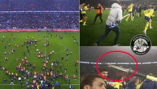 VIDEO/ Dhunë në futbollin turk, tifozët e Trabzonspor futen në fushë dhe sulmojnë lojtarët e Fenerbahces