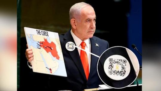 Netanyahu u shfaq me një QR Code në xhaketë gjatë fjalimit në OKB, zbuloni cili ishte kuptimi