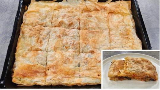 Byrek me patëllxhanë, qepë dhe domate nga zonja Albana