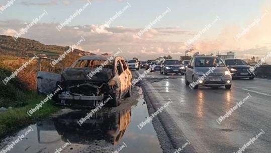 Aksident në aksin Lushnje-Rrogozhinë, automjeti përfshihet nga flakët pasi përplas fuoristradën e OSSHE-së, shpëton shoferja me 2 fëmijët