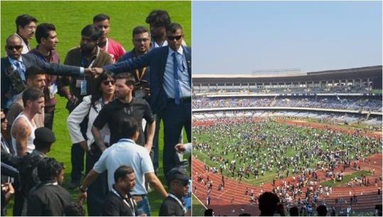 VIDEO/ 85 mijë tifozë e pritën prej orësh në stadium, Lionel Messi u shfaq për disa minuta në Indi! Mbështetësit futen në fushë dhe shkaktojnë rrëmujë