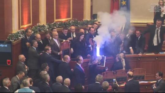 Deputetja e PD ndez flakandanin në Kuvend, e kishte mbështjellë me posterin e opozitës