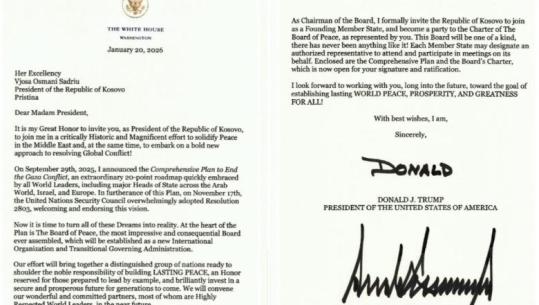 Trump fton Vjosa Osmanin të jetë pjesë e Bordit të Paqes:E nderuar nga ftesa personale e Presidentit Trump! Kosova qëndron si aleat i palëkundur i SHBA-së