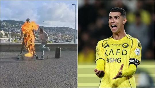 VIDEO/ Cristiano Ronaldo i padëshiruar në vendlindje, i vihet flaka statujës së CR7! Autori filmon veten dhe kërcen