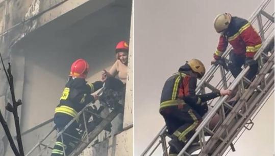 Pallati në flakë te 'Farmacia 10', momenti kur zjarrfikësit evakuojnë me shkallë banorët (VIDEO)