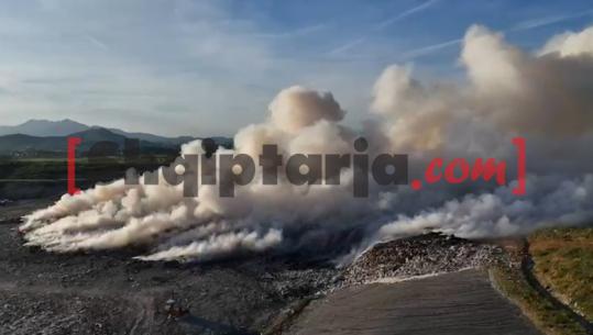 Pamje me dron nga zjarri në landfillin e Bushatit në Shkodër
