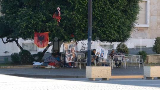 Me flamingo varur në pemë dhe pankarta kundër Ramës e Berishës, disa protestues e gdhijnë te kryeministria