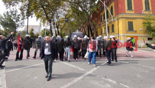 Protestuesit në marshim, një grup vajzash përpiqet të pengojë policinë