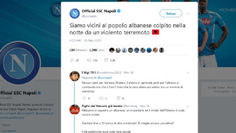Napoli solidarizohet me Shqipërinë, tifozët kërkesë për Presidentin