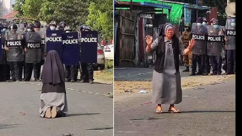 Mianmar murgesha i lutet në gjunjë policisë që të mos qëllojë protestuesit